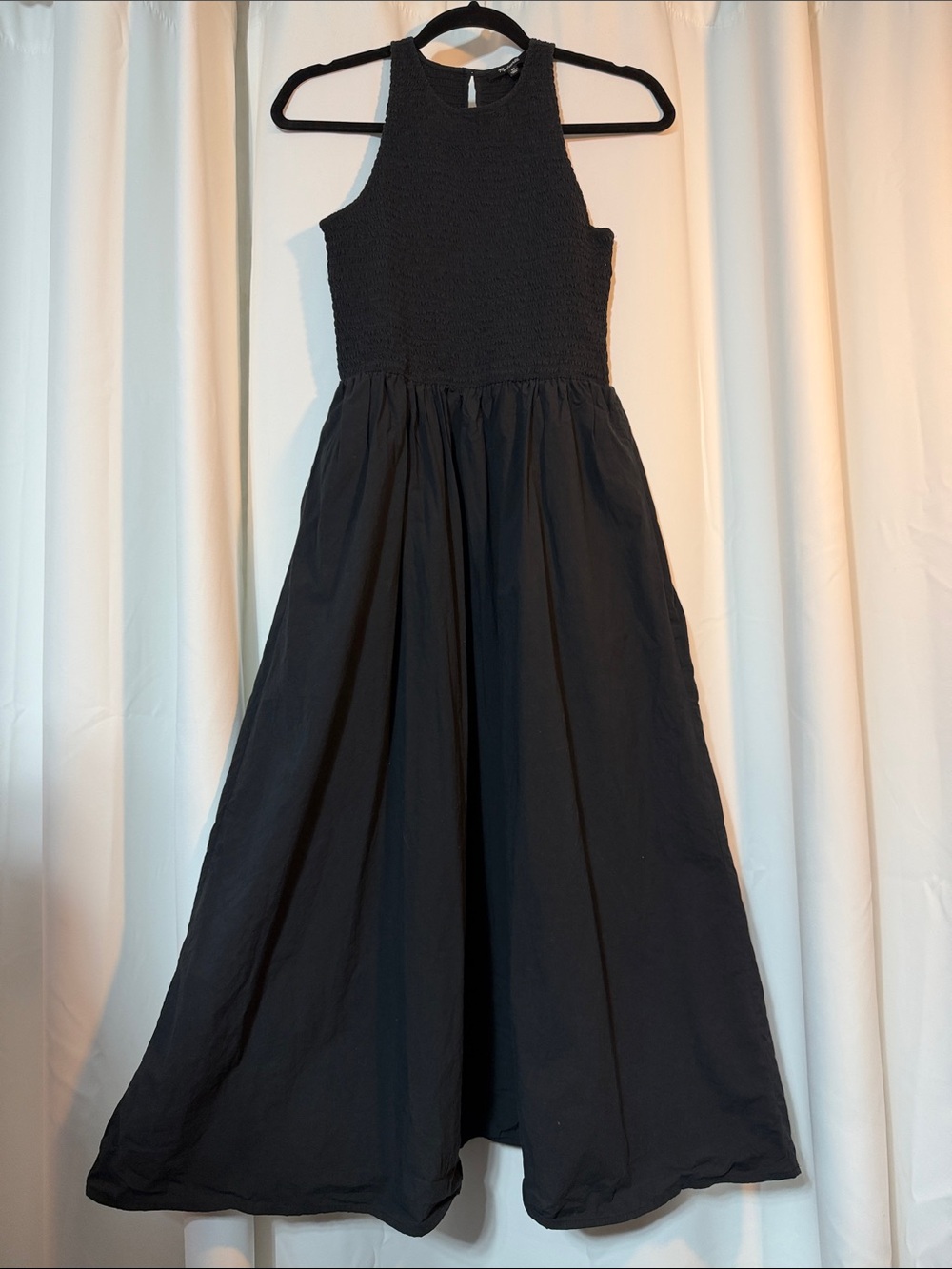 Madewell Melody Boho Black Smocked Whimsigoth Midi Pockets Cotton Dress SZXS B13